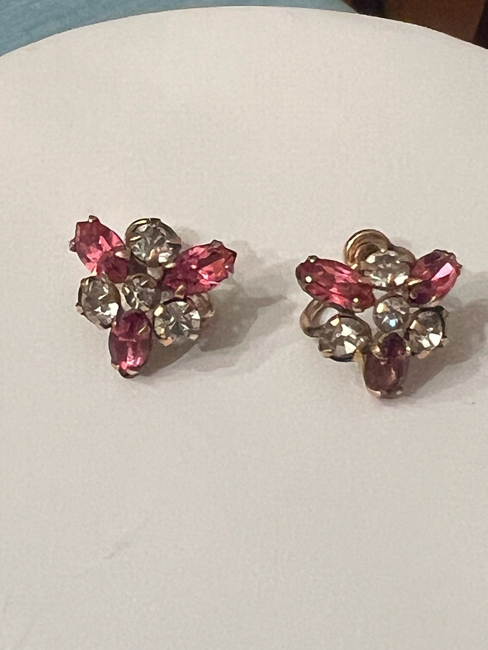 Vintage M&S 12k gold filled screw back earrings pink and clear crystals